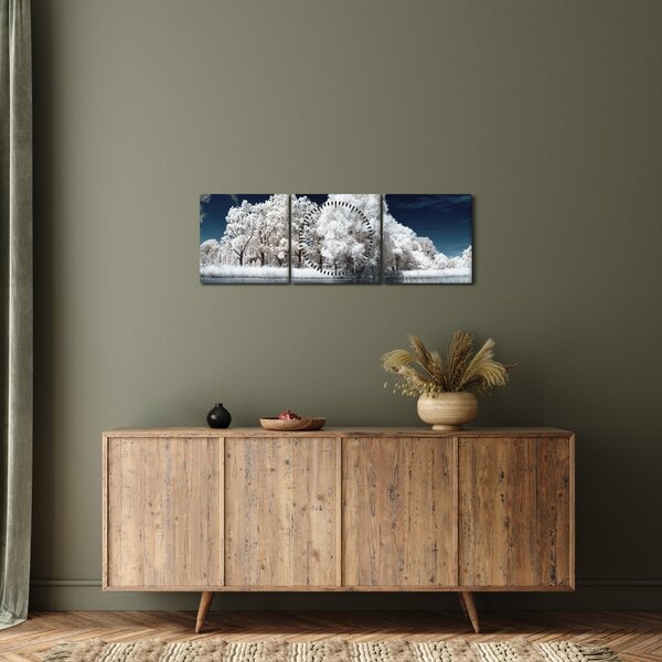 Obraz - Śnieżnobiałe drzewa (z zegarem) (90x30 cm)