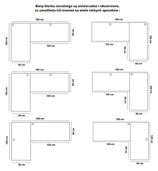 Duże narożne biurko loft regulowane 120x180x60 dąb craft złoty R2-C37