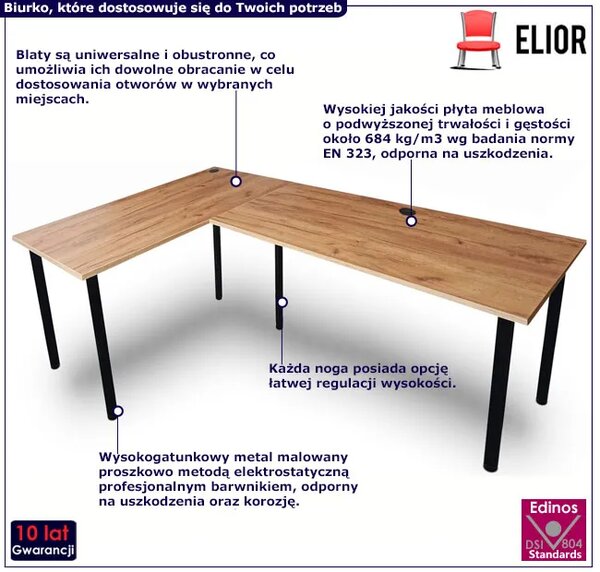Duże narożne biurko loft regulowane 120x180x60 dąb craft złoty R2-C37