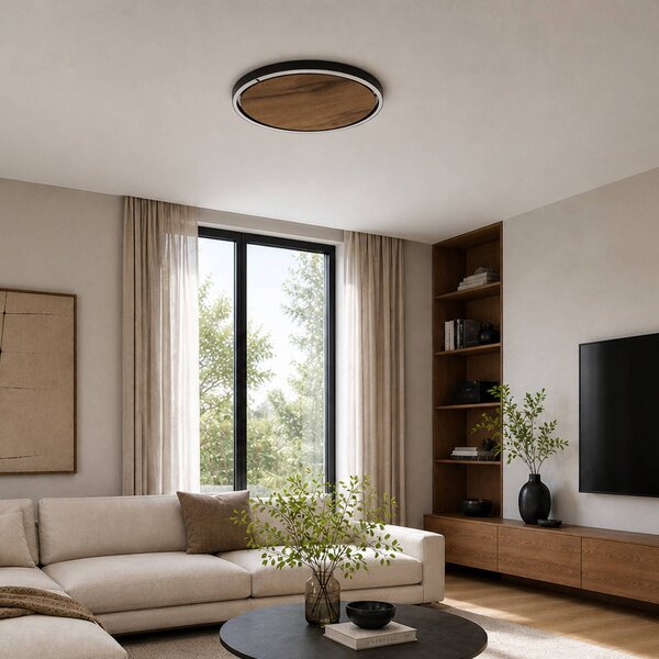 Elobra Lampa sufitowa Havana M, możliwość ściemniania, ciemne drewno, salon / jadalnia, drewno