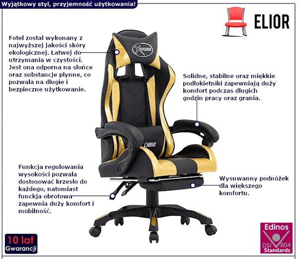 Czarno-złoty fotel gamingowy z podnóżkiem A2-T72