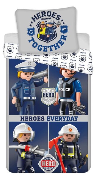 Niebiesko-szara bawełniana pościel dziecięca jednoosobowa 140x200 cm Playmobil – Jerry Fabrics