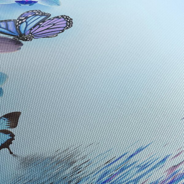 Obraz - Motyl na kwiatach orchidei, niebieski (170x50 cm)