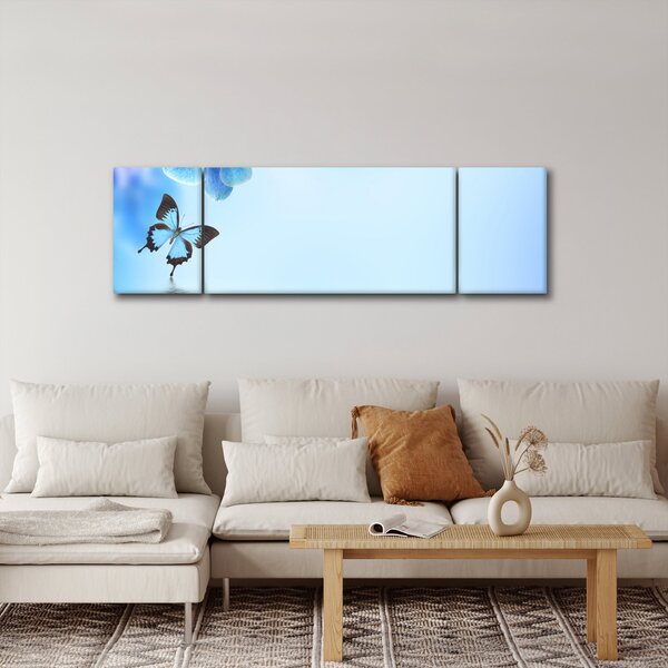 Obraz - Motyl na kwiatach orchidei, niebieski (170x50 cm)
