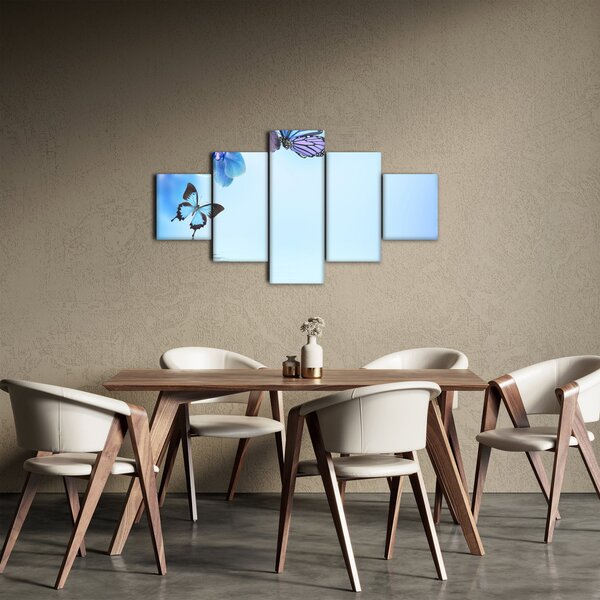 Obraz - Motyl na kwiatach orchidei, niebieski (125x70 cm)