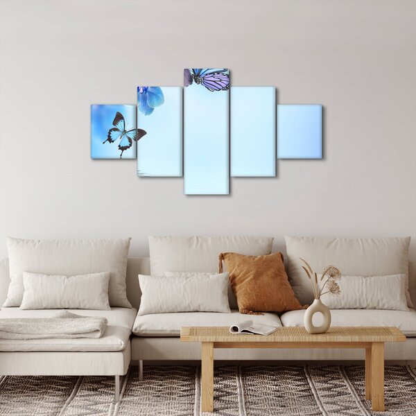 Obraz - Motyl na kwiatach orchidei, niebieski (125x70 cm)