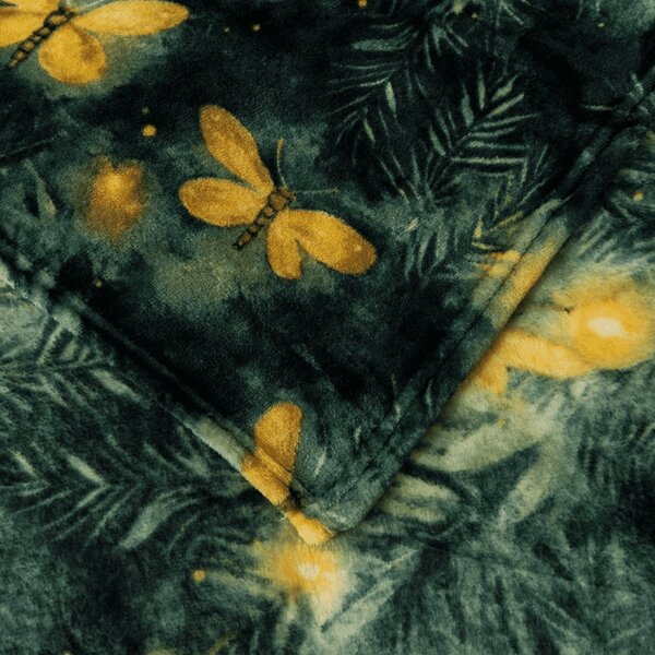 Mikropluszowy koc YELLOW BUTTERFLY, ciemnozielony Rozmiar: 160 x 200 cm