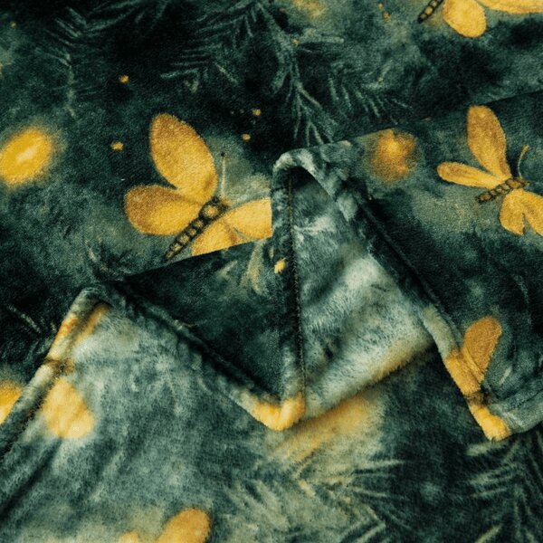 Mikropluszowy koc YELLOW BUTTERFLY, ciemnozielony Rozmiar: 160 x 200 cm