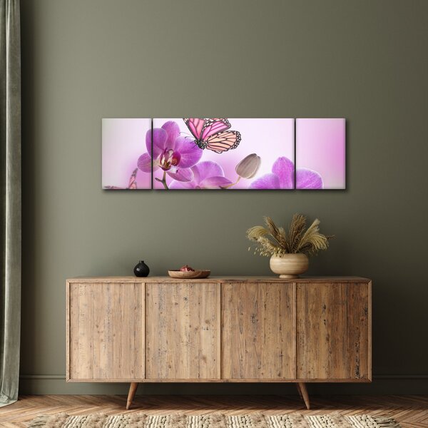 Obraz - Motyl na kwiatach orchidei, liliowy (170x50 cm)