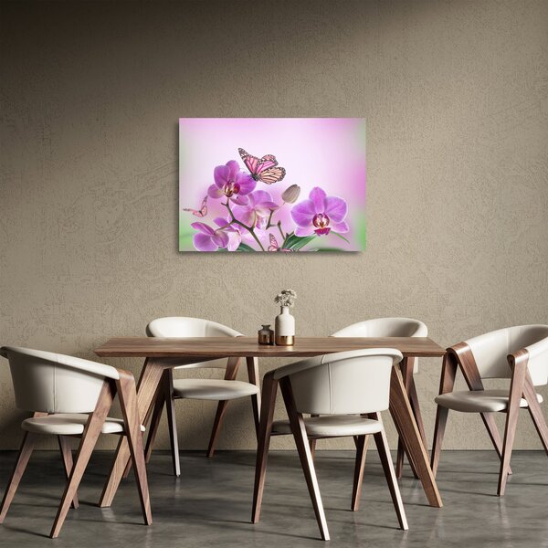Obraz na szkle - Motyl na kwiatach orchidei, liliowy (70x50 cm)
