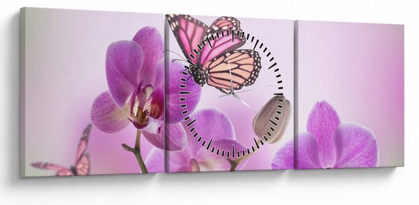 Obraz - Motyl na kwiatach orchidei, liliowy (z zegarem) (90x30 cm)