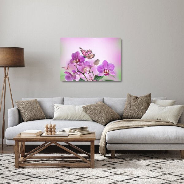 Obraz na szkle - Motyl na kwiatach orchidei, liliowy (70x50 cm)