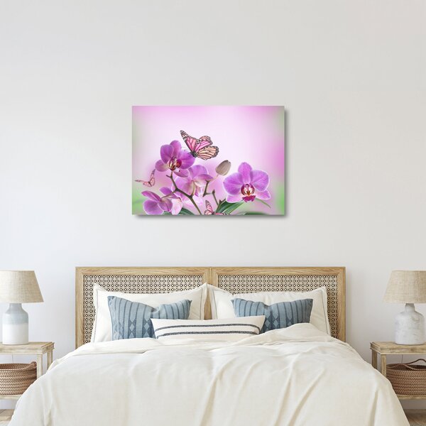 Obraz na szkle - Motyl na kwiatach orchidei, liliowy (70x50 cm)