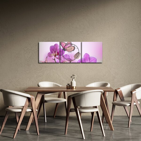 Obraz - Motyl na kwiatach orchidei, liliowy (z zegarem) (90x30 cm)