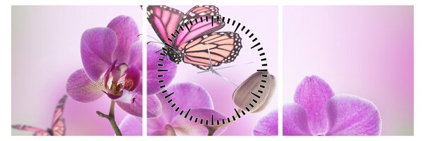 Obraz - Motyl na kwiatach orchidei, liliowy (z zegarem) (90x30 cm)
