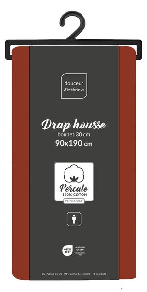 Ceglaste prześcieradło z perkalu bawełnianego z gumką 90x190 cm Percaline – douceur d'intérieur