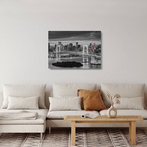 Obraz na szkle - Duże miasto z czerwoną wieżą (70x50 cm)