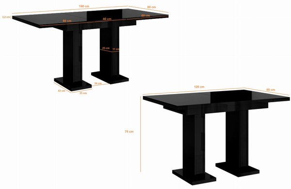 MebleMWM Stół rozkładany GLOSS | 120-160x80 | Czarny połysk