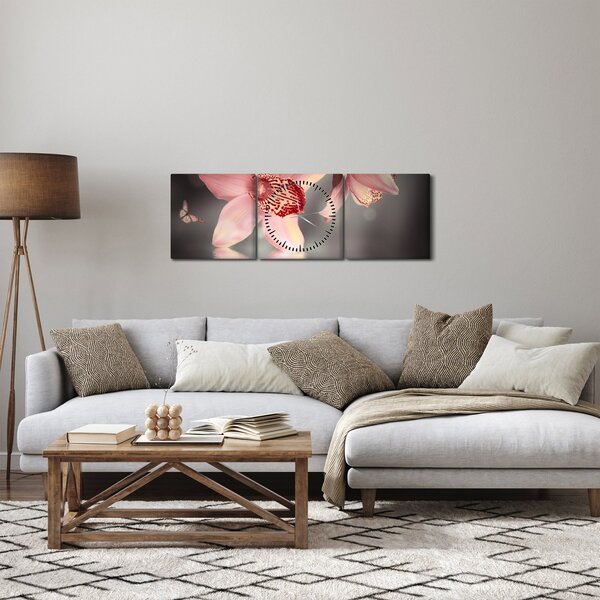 Obraz - Kwiaty i motyl (z zegarem) (90x30 cm)