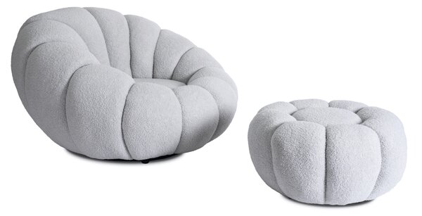 Fotel Wypoczynkowy Obrotowy PETTIT Szary z Pufą w Tkaninie Teddy Boucle
