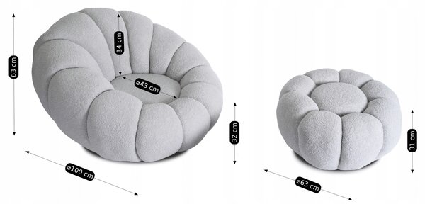 Fotel Wypoczynkowy Obrotowy PETTIT Szary z Pufą w Tkaninie Teddy Boucle