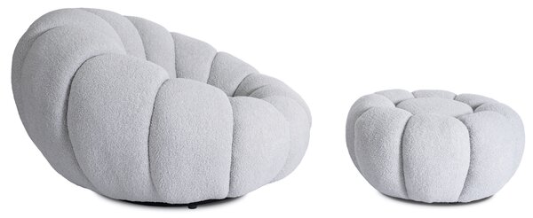 Fotel Wypoczynkowy Obrotowy PETTIT Szary z Pufą w Tkaninie Teddy Boucle