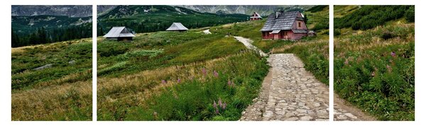 Obraz - Krajobraz górski z domami (170x50 cm)