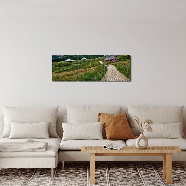 Obraz - Krajobraz górski z domami (z zegarem) (90x30 cm)