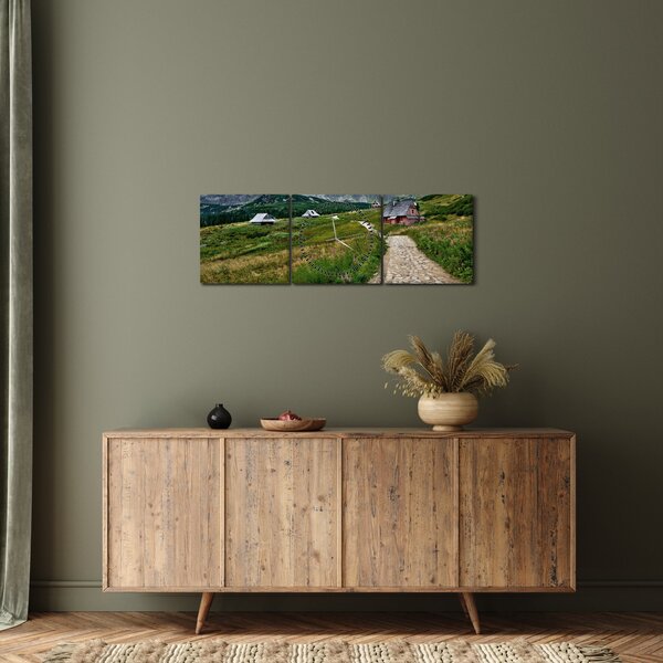 Obraz - Krajobraz górski z domami (z zegarem) (90x30 cm)
