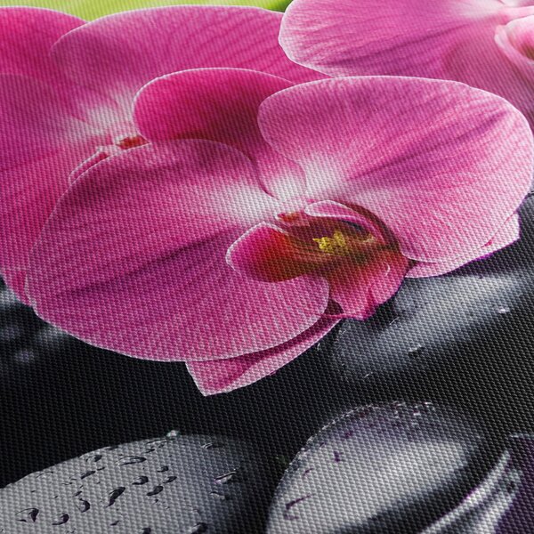 Obraz - Różowe orchidee z liściem palmy (170x50 cm)