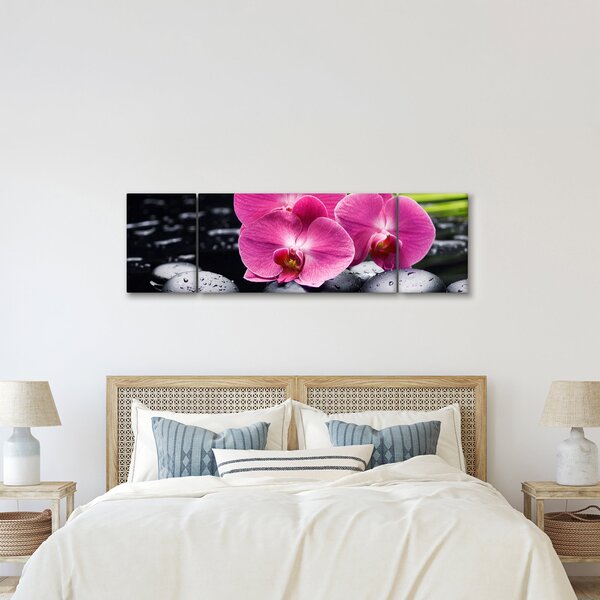 Obraz - Różowe orchidee z liściem palmy (170x50 cm)