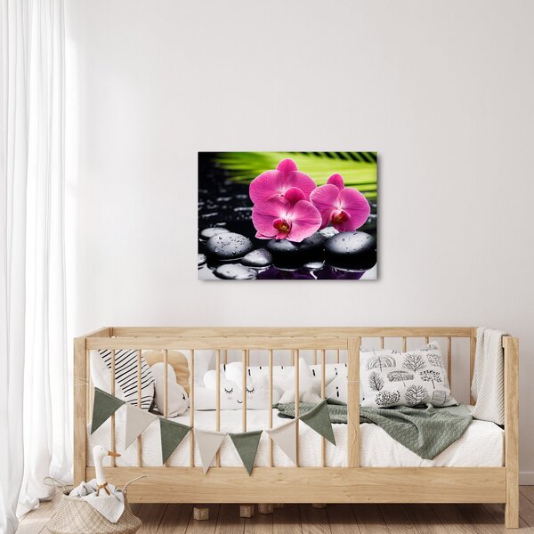 Obraz - Różowe orchidee z liściem palmy (70x50 cm)