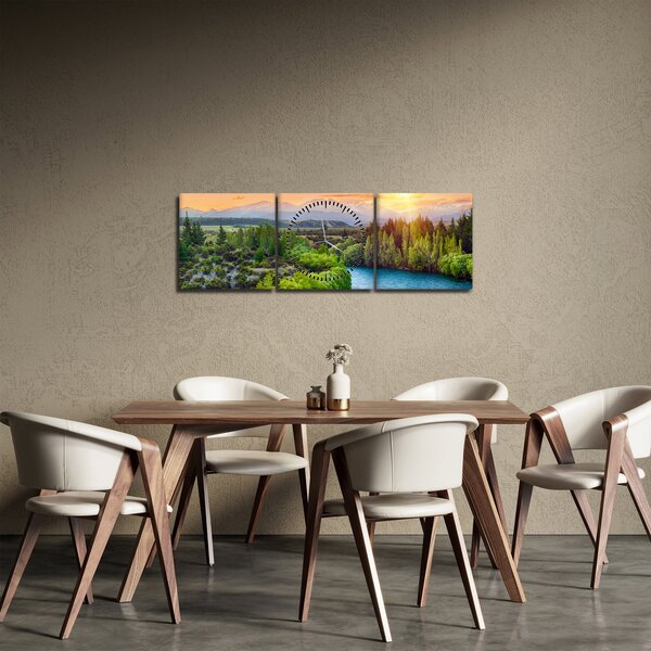 Obraz - Leśny krajobraz górski (z zegarem) (90x30 cm)