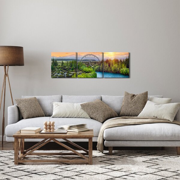 Obraz - Leśny krajobraz górski (z zegarem) (90x30 cm)