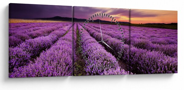 Obraz - Pole lawendy o zachodzie słońca (z zegarem) (90x30 cm)