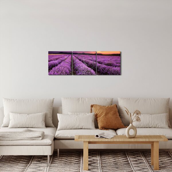 Obraz - Pole lawendy o zachodzie słońca (z zegarem) (90x30 cm)