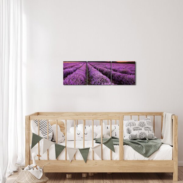 Obraz - Pole lawendy o zachodzie słońca (z zegarem) (90x30 cm)