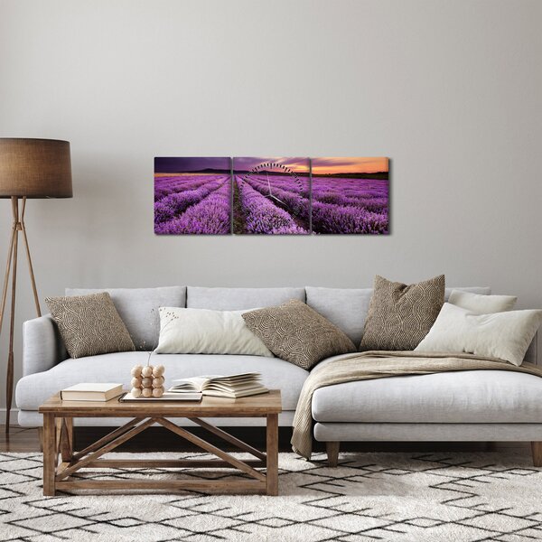 Obraz - Pole lawendy o zachodzie słońca (z zegarem) (90x30 cm)