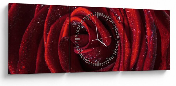Obraz - Czerwona róża z kroplami rosy (z zegarem) (90x30 cm)