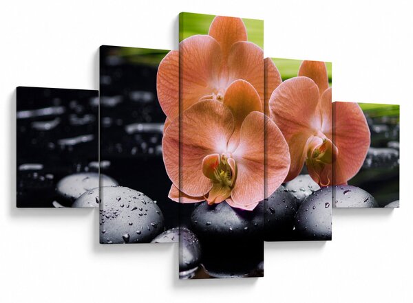 Obraz - Pomarańczowa orchidea z liśćmi palmy (125x70 cm)