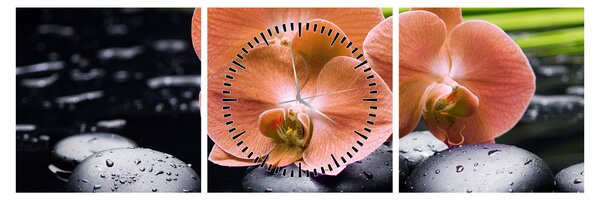 Obraz - Pomarańczowa orchidea z liśćmi palmy (z zegarem) (90x30 cm)