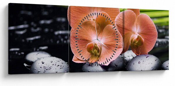 Obraz - Pomarańczowa orchidea z liśćmi palmy (z zegarem) (90x30 cm)