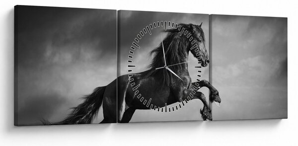 Obraz - Czarny i biały koń (z zegarem) (90x30 cm)