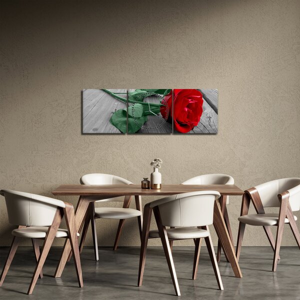 Obraz - Czerwona róża z zieloną łodygą (z zegarem) (90x30 cm)