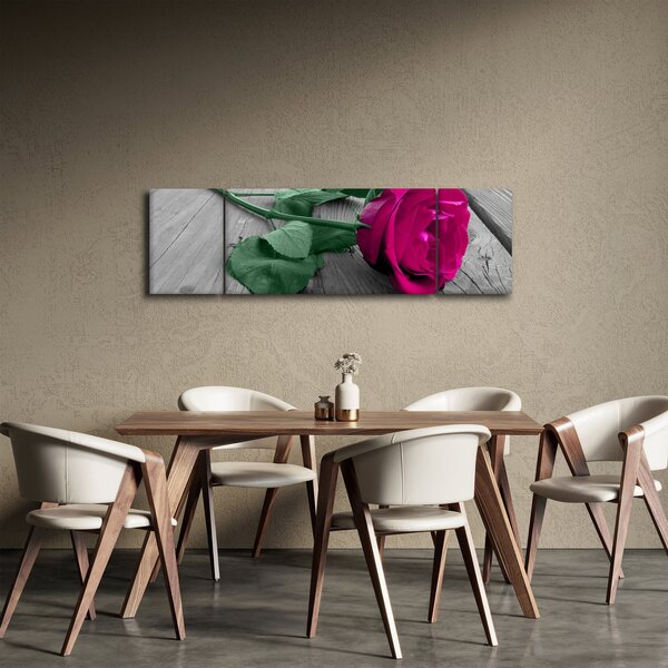 Obraz - Różowa róża z zieloną łodygą (170x50 cm)