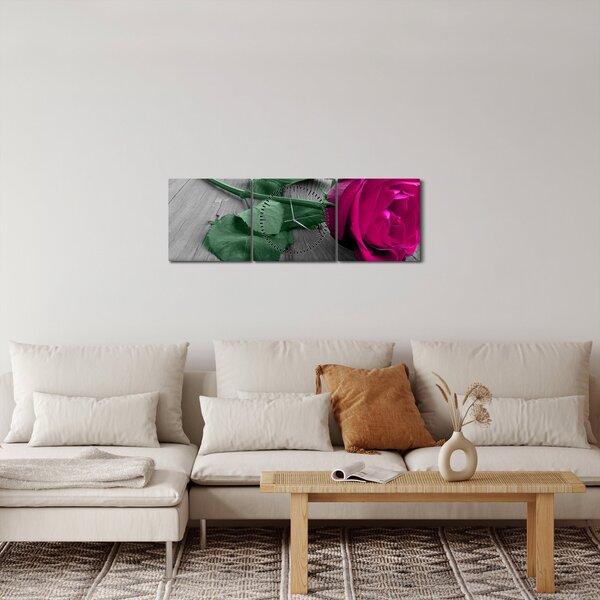 Obraz - Różowa róża z zieloną łodygą (z zegarem) (90x30 cm)