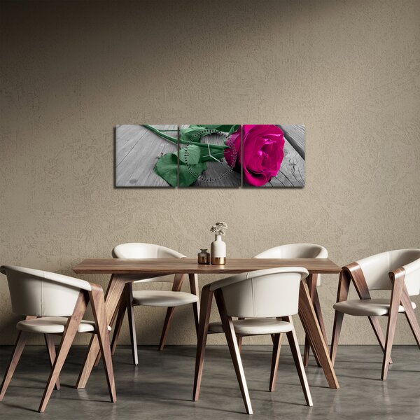 Obraz - Różowa róża z zieloną łodygą (z zegarem) (90x30 cm)