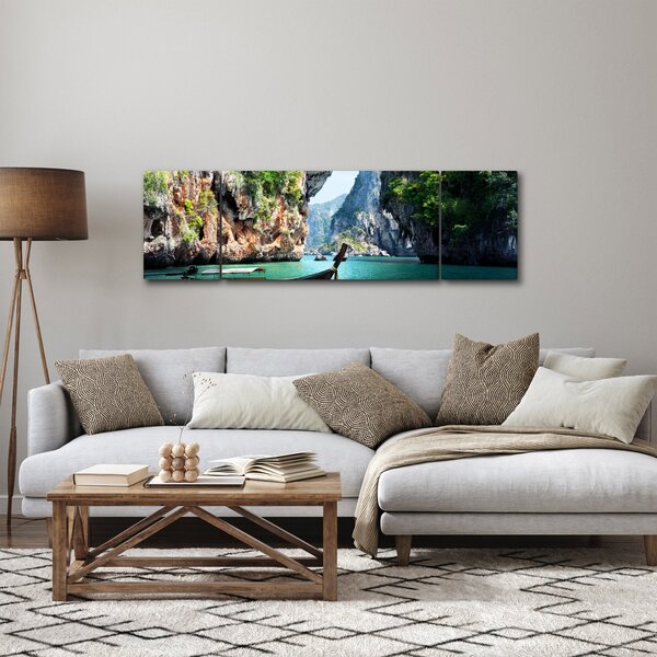 Obraz - Wodny śródziemnomorski krajobraz z łodzią (170x50 cm)