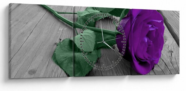 Obraz - Fioletowa róża z zieloną łodygą (z zegarem) (90x30 cm)