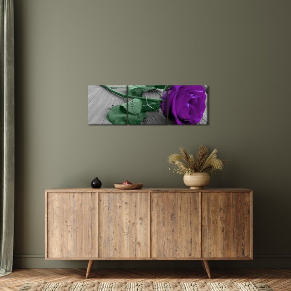 Obraz - Fioletowa róża z zieloną łodygą (z zegarem) (90x30 cm)